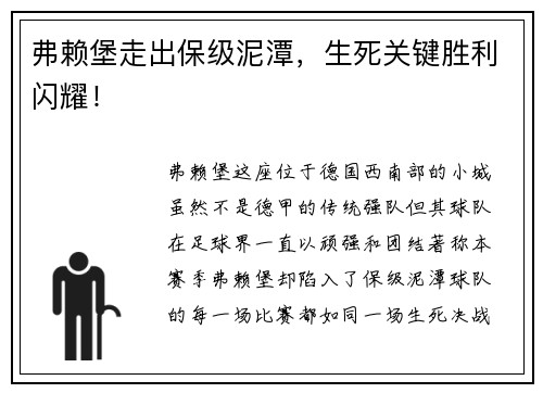 弗赖堡走出保级泥潭，生死关键胜利闪耀！